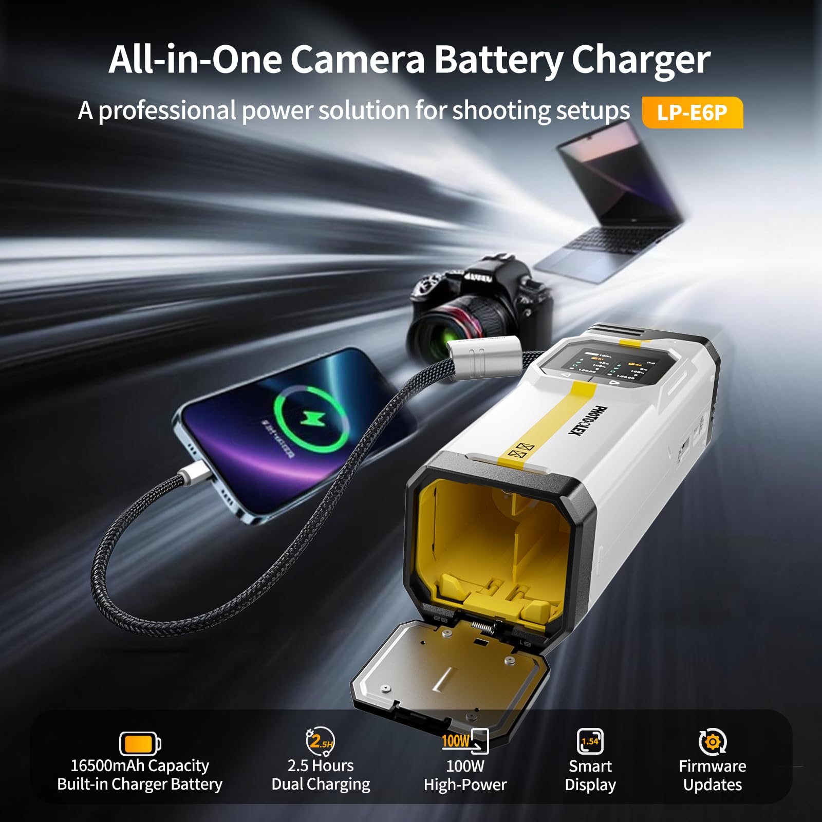 PHOTOOLEX LP-E6P Chargeur pour Canon, BB Pro Chargeur Double Rapide 100W USB-C avec 16500mAh Batterie intégrée, Compatible avec Canon EOS R5 Mark II/R6 Mark II/R5/R6/R7/5D Mark II/5D Mark IV/60D/70D