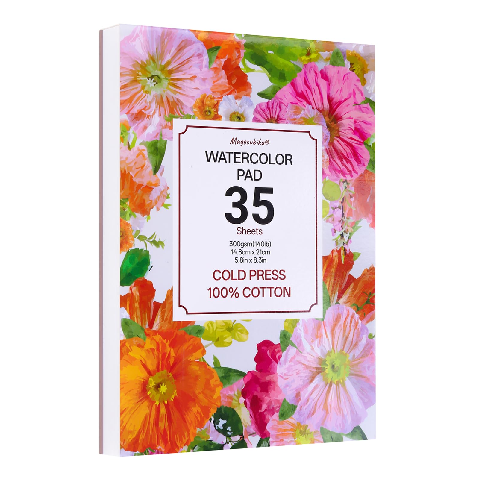 Magecubiku 100% Cotton Watercolour Pad A5, 35 Sheets 300gsm Cold Pressed Watercolour Paper, Glue Bound, Acid Free Professional Artist Water Color Sketch Pad for Wet Layering & Mixed Media Art