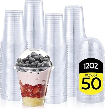 E Greenwize Plastic Smoothie Cups with Dome Lids, 350 ml / 12 oz, Pack of 50, Clear Reusable Cups for Milkshakes, Iced Coffee, Bubble Tea