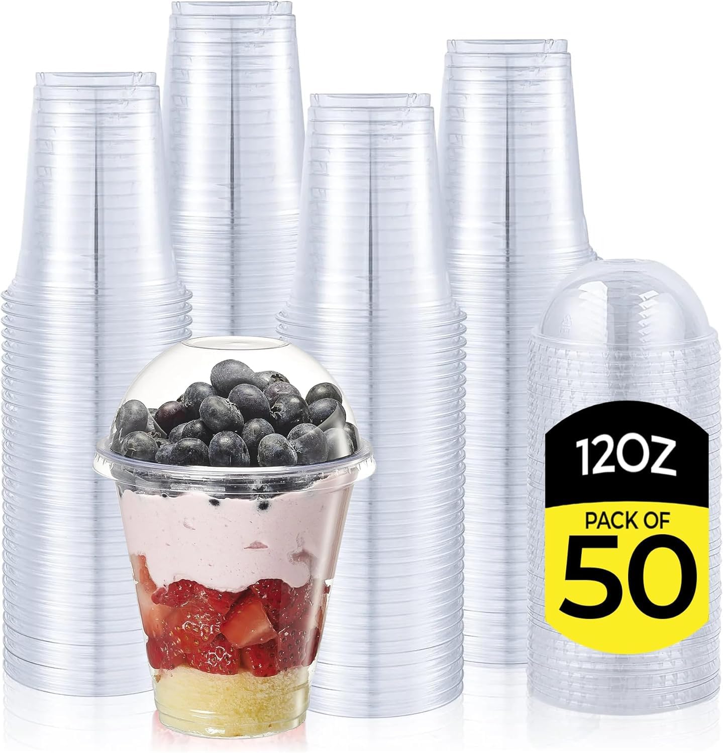 E Greenwize Plastic Smoothie Cups with Dome Lids, 350 ml / 12 oz, Pack of 50, Clear Reusable Cups for Milkshakes, Iced Coffee, Bubble Tea