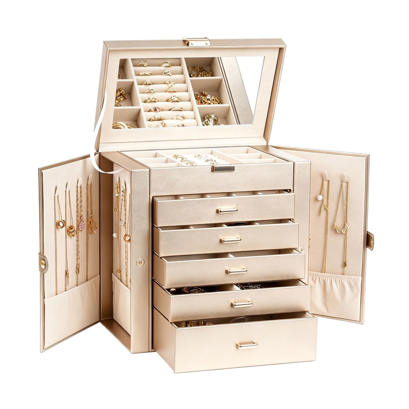 SDFSDE 6-Layer Jewelry Box Organizer Storage Case With 5 Drawers And Mirror For Necklace, Watches, Rings, Earrings, Bracelets, Glass
