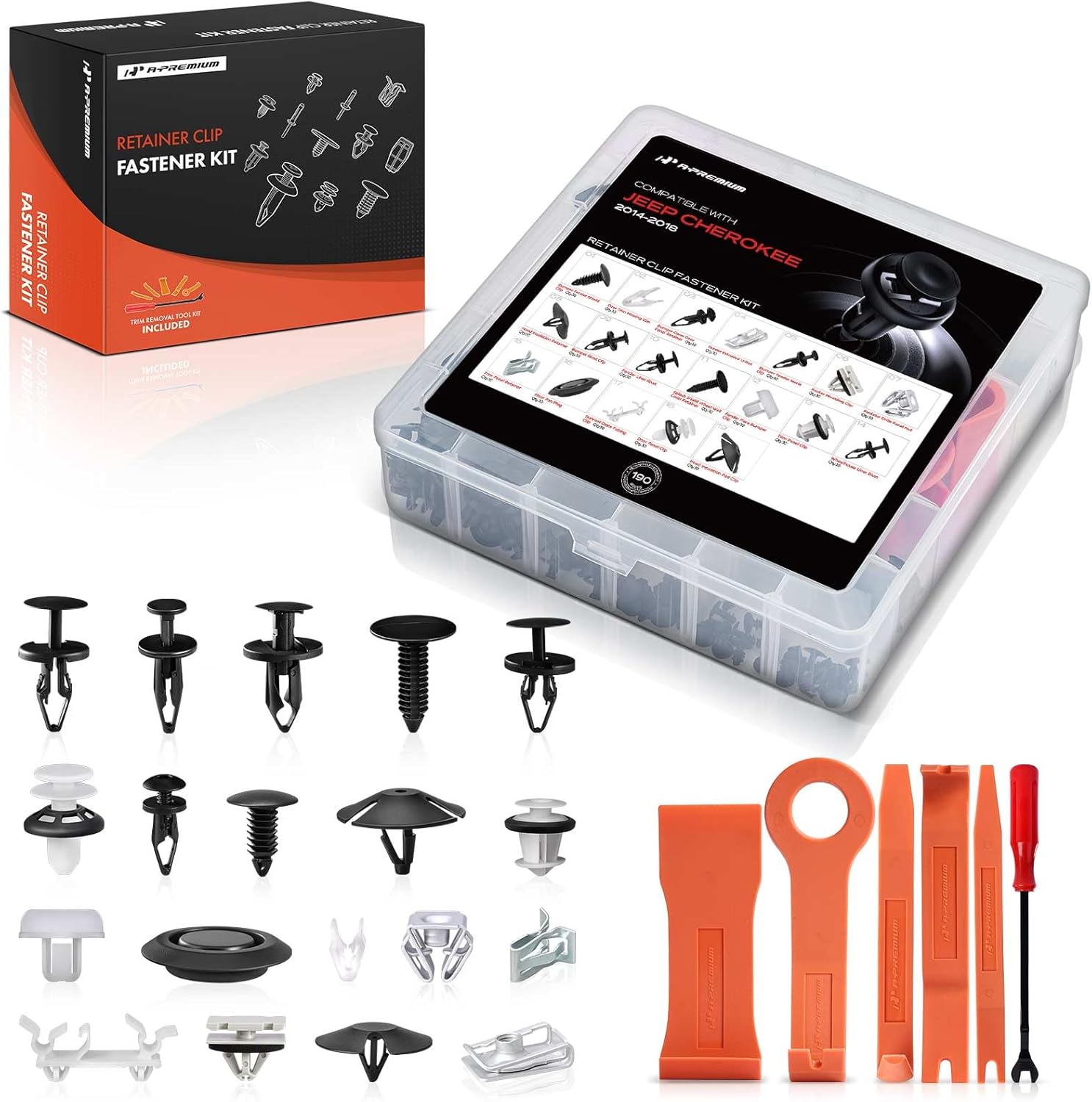 A-Premium 190 PCS Bumper Retainer Clips Plastic Rivets Push Retainer Kit 19 Sizes 49.92oz Door Trim Panel Fender Clips Compatible with Jeep KL Series Cherokee 2014-2018, w/Removal Tool