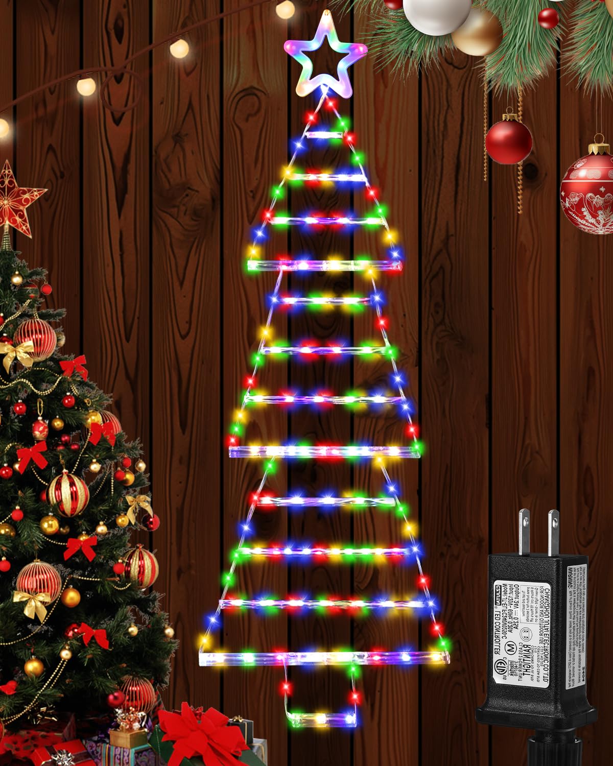 Échelle de Père Noël lumineuse 184 DEL à 8 modes avec étoile de 1,4 m pour mur