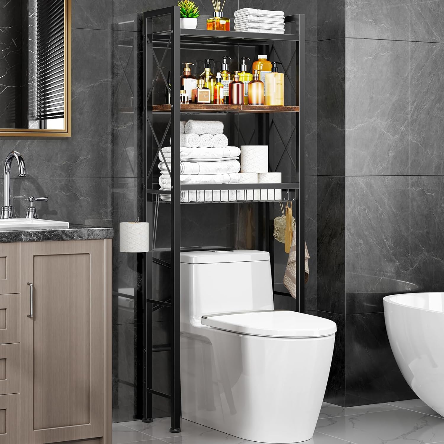 Kalrin 3-Tier Over Toilet Storage Rack with X-Shape Guardrail & Drain Basket - Freestanding Bathroom Organizer, Vintage Brown