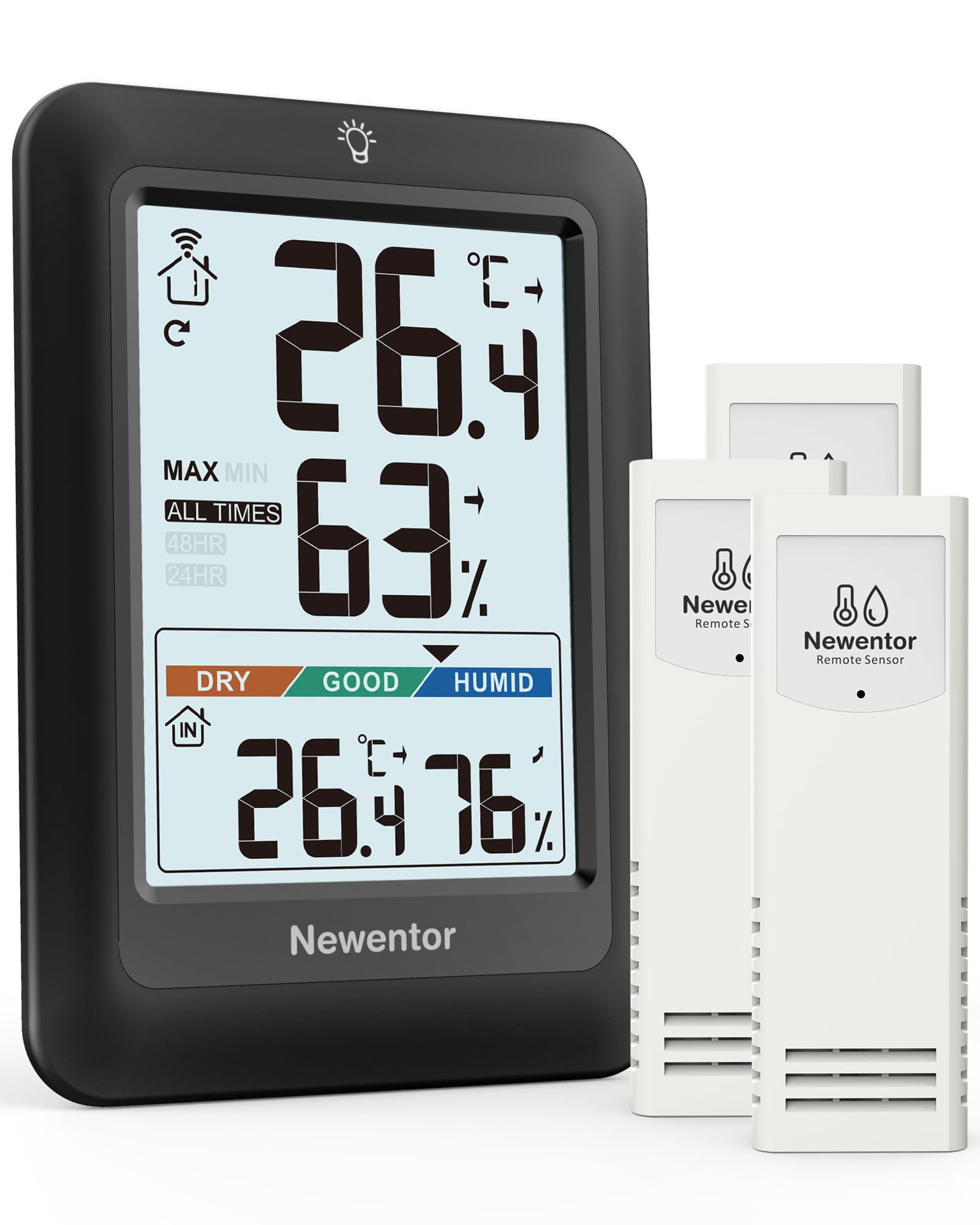Newentor MAX MIN Thermometer innen außen 24/48 Std./alle Zeiten - Hygrometer Innen mit Luftkomfort - Wetterstation Funk mit Außensensor - Raumthermometer mit Beleuchtung, Schwarz, 3*Außensensor