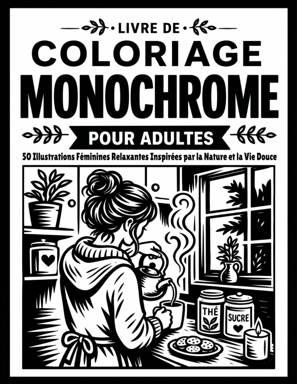 Livre de Coloriage Monochrome pour Adultes: 50 Illustrations Féminines Relaxantes Inspirées par la Nature et la Vie Douce