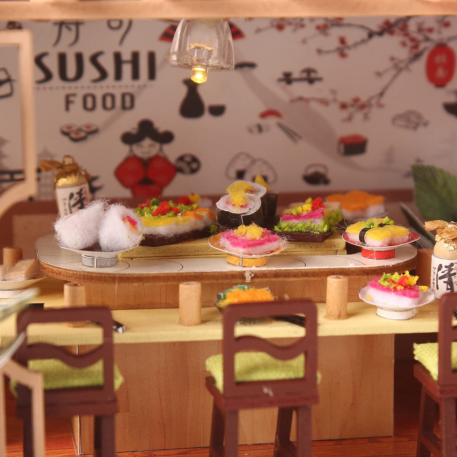 DIY Miniaturowy Zestaw Domowy, Drewniany DIY Sklep z Sushi Model Sklep z Jedzeniem i zabawą kreatywność Japońska Dioda LED montaż Rękodzieło Zabawka Miniaturowe Zestawy Domowe