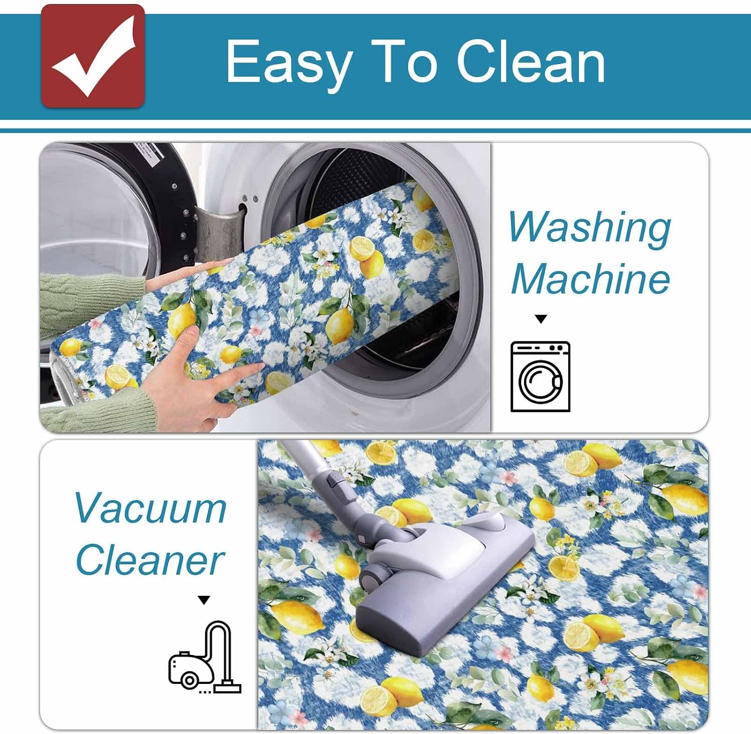 Prime Leader Summer Lemon Kitchen Mat Set 2 Pieces Yellow Fruit White Flowers Country Plant Blue Non Slip Kitchen Rugs Washable Runner Rug Mats for Sink Laundry (23.6" x 35.4"+23.6" x 70.9")