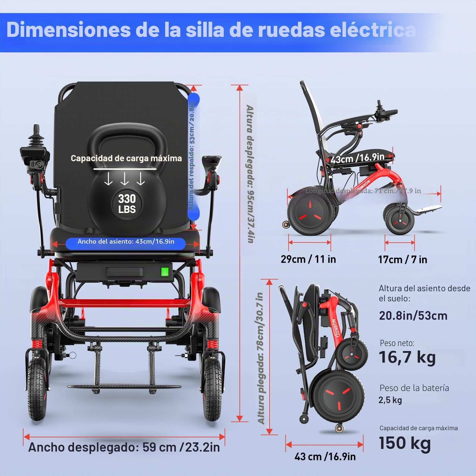Silla de ruedas eléctrica de carbono plegable ligera 14,5 kg: 25 km Silla de ruedas eléctrica plegable para personas mayores de hasta 150 kg