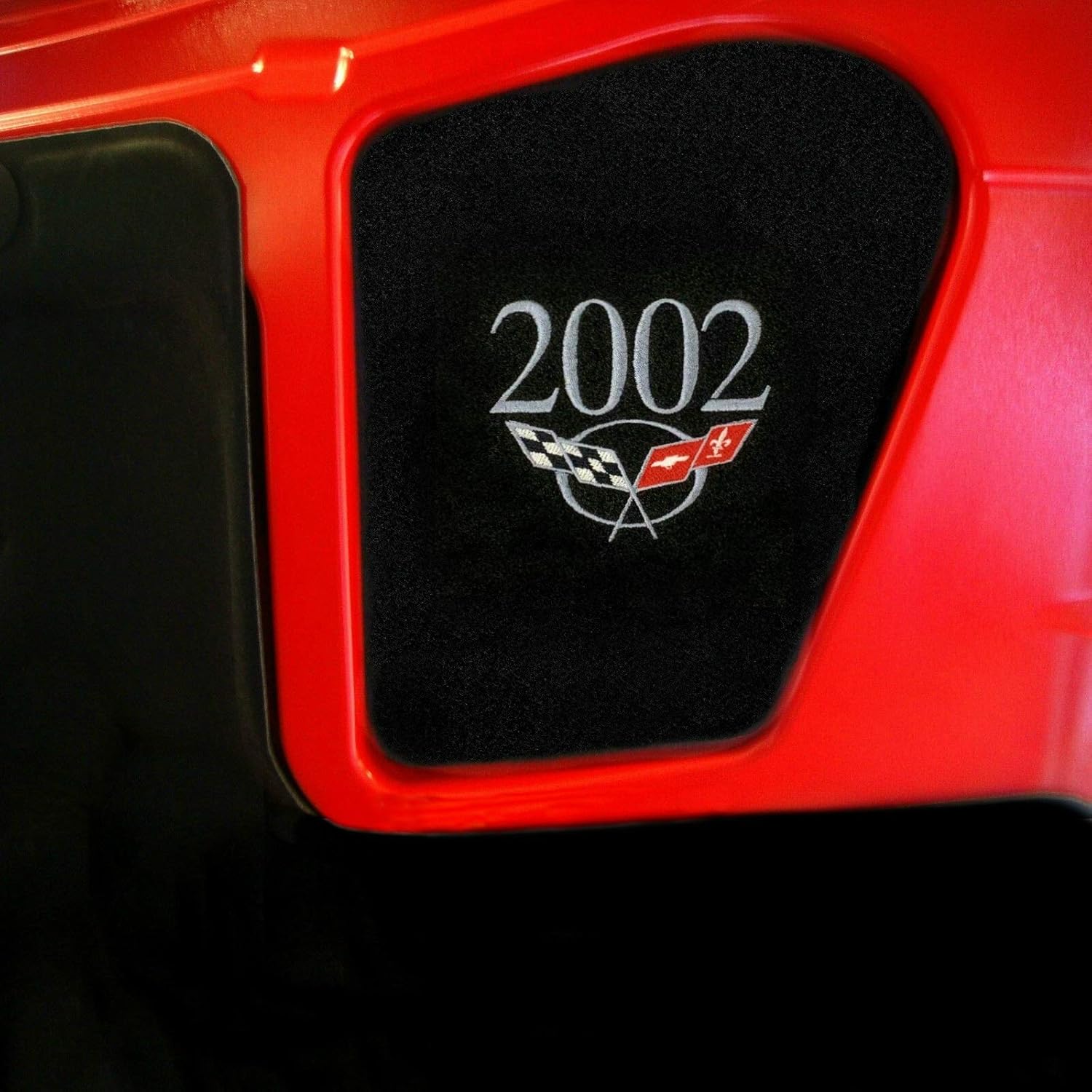 C5 Corvette Silver Cross Flag and 2002 Model Year Embroidered Emblem Under Hood Side Insert