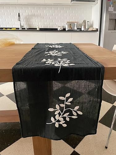 Camino de mesa o Individual doble de Gasa de algodón con Estampas de Hojas con Relieve Artesanal (Mitre, Gris Grafito)