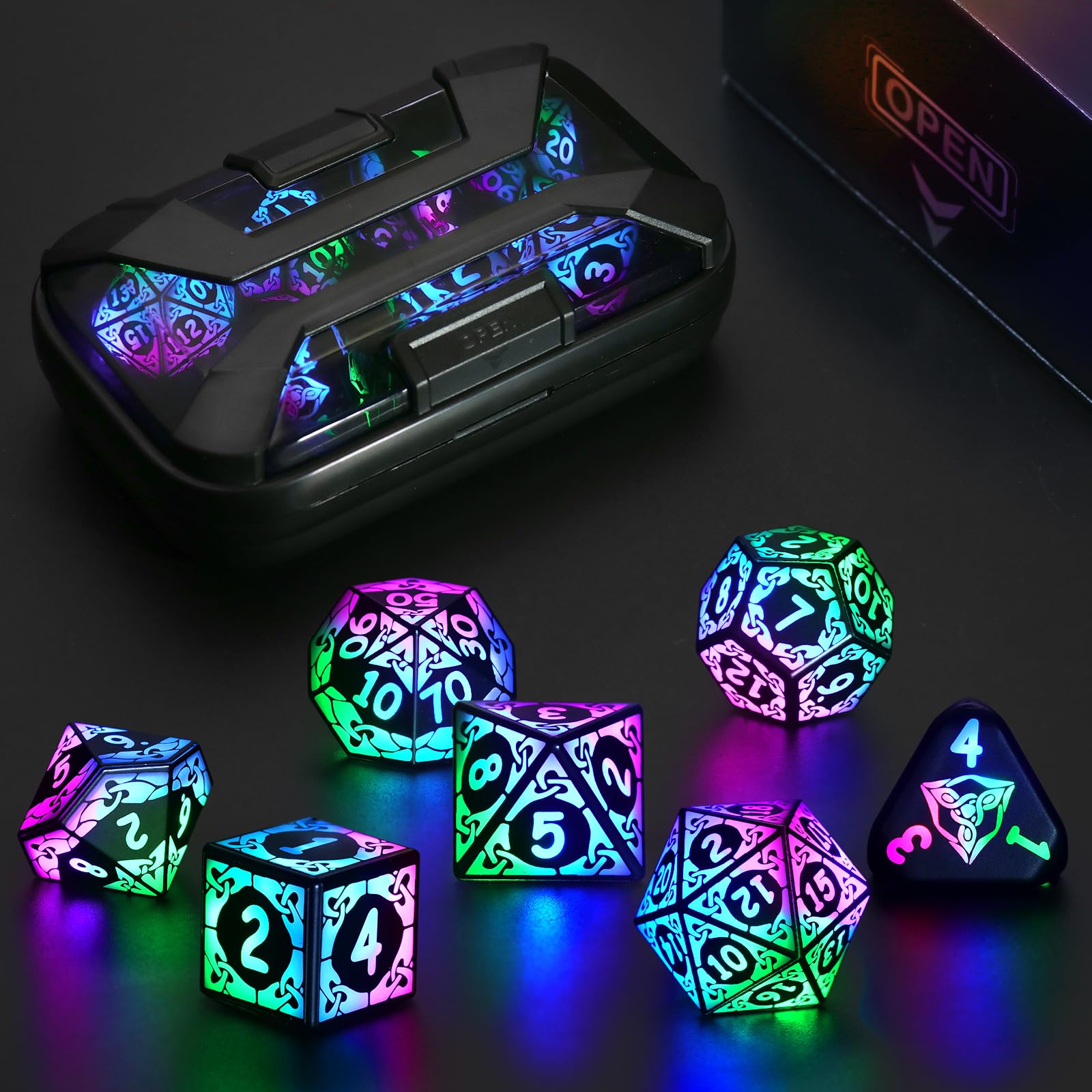 LED Dice Set DND, Cool Light up Dice Set Rechargeable for Dungeons and Dragons, ZHOORQI Polyhedral D and D Dice with Charging Box for Role Playing