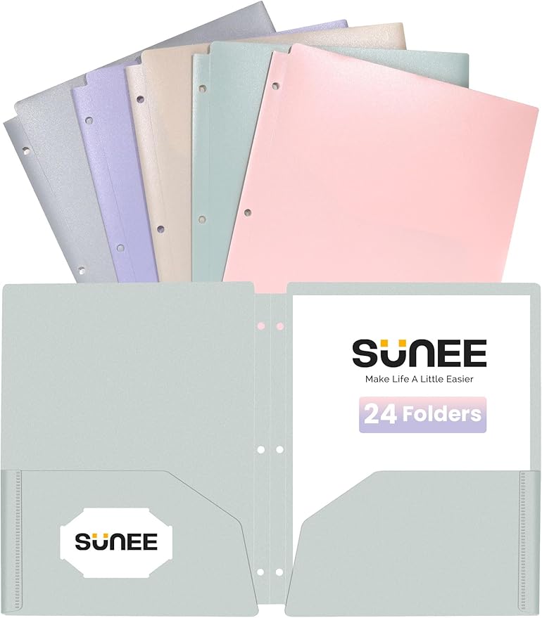 SUNEE 3 Hole Pocket Folders (24/Pack, Pastel Color