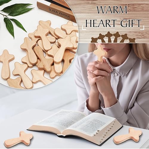 Vista 4 de 24 cruces de madera a granel, bolsillo de oración de mano, cruz de pino, pascua, cruz, Jesús, aferrado, regalo cristiano religioso para la primera