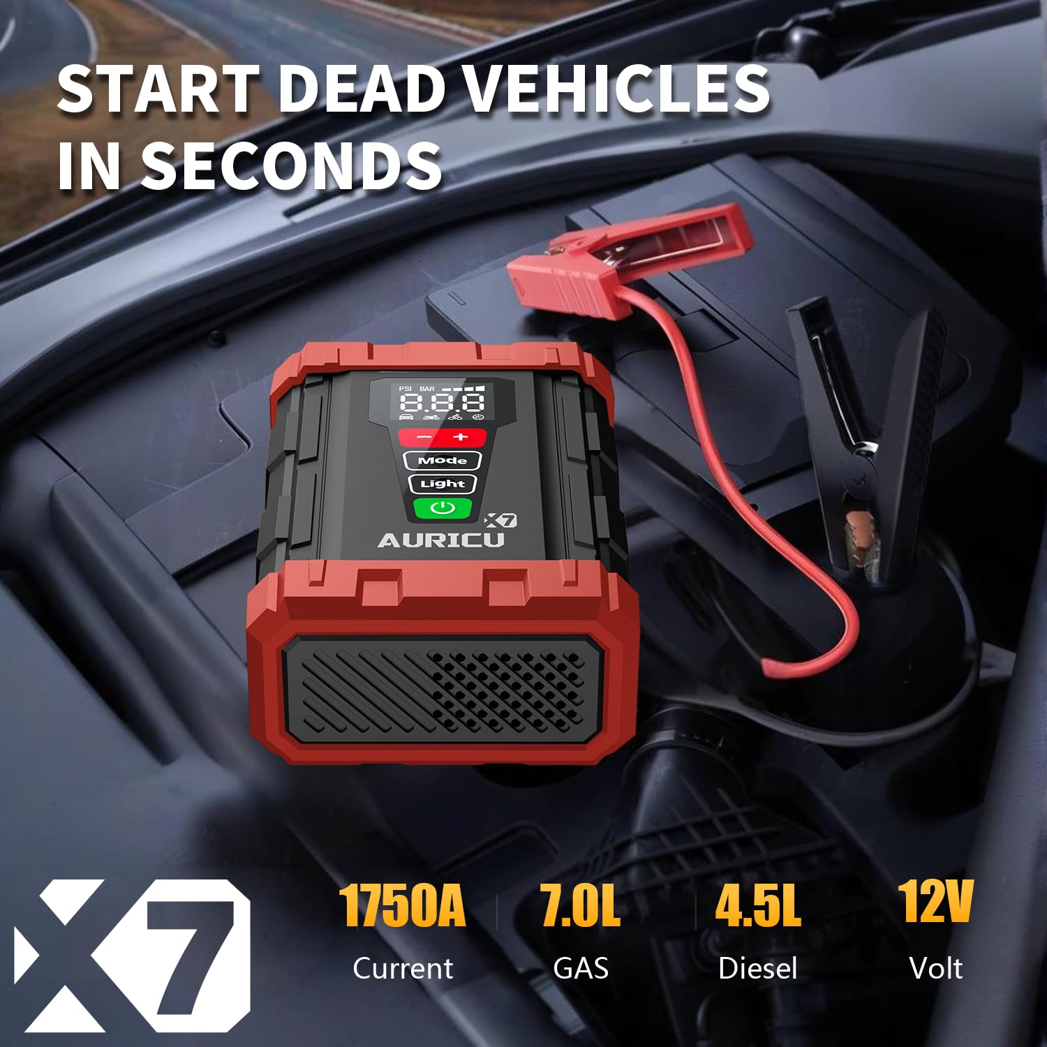 X7 1750A Jump Starter 150 PSI Compresor de aire 12V batería de litio paquete de refuerzo, caja de salto portátil, banco de energía y cables de puente para motores de gas máximo 7.0L y motor