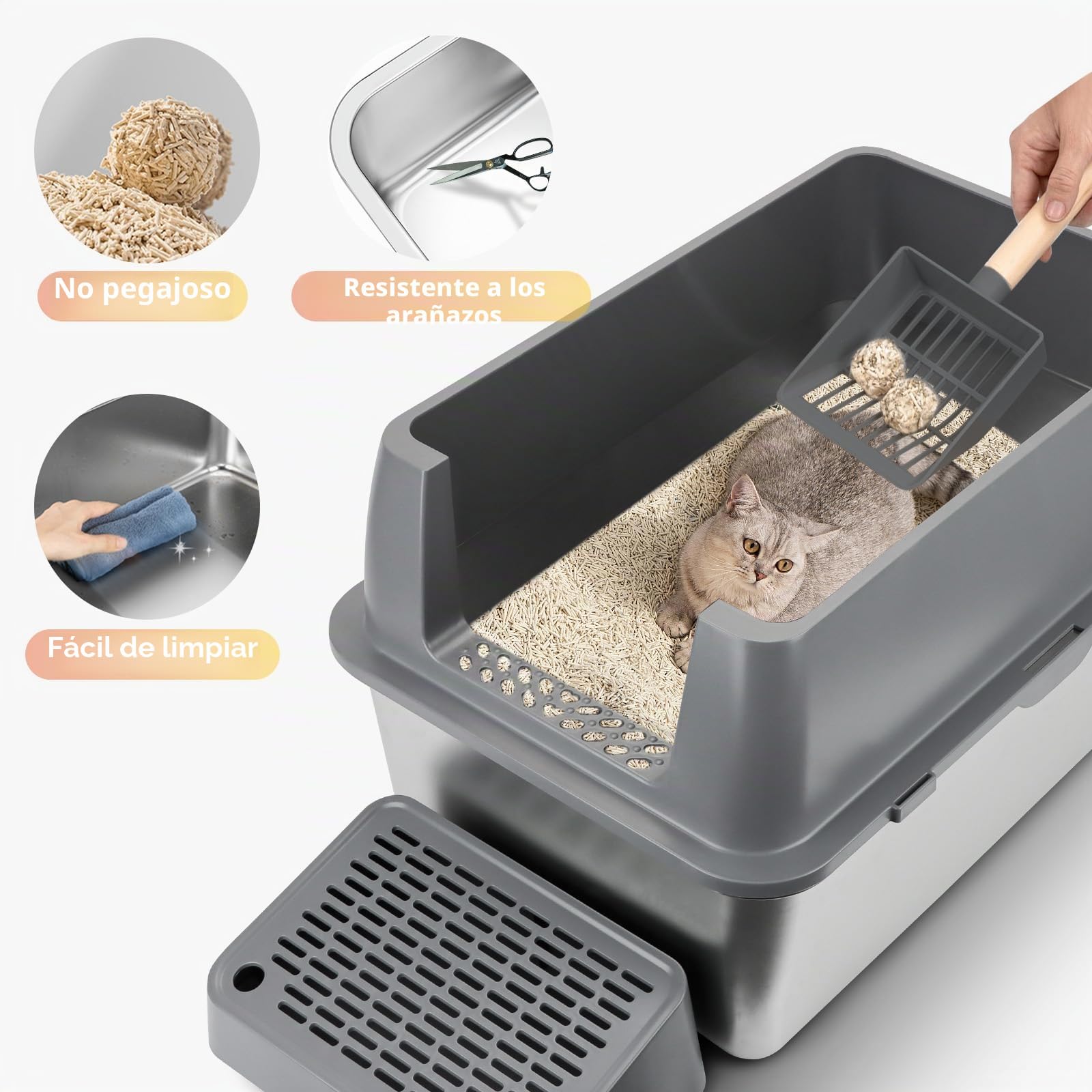 Caja de Arena para Gatos de Acero Inoxidable con Tapa, Bandeja de Arena de Metal extraíble de Alta Cara Cerrada con Bandeja de tamizado, Cuchara, Antiadherente, fácil Limpieza (Gris)