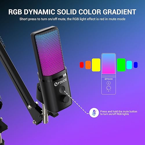 Miniatura 4 de FDUCE Micrófono USB para juegos, micrófono de condensador RGB con silencio, ganancia, monitoreo, brazo de brazo para transmisión, podcast, Twitch,