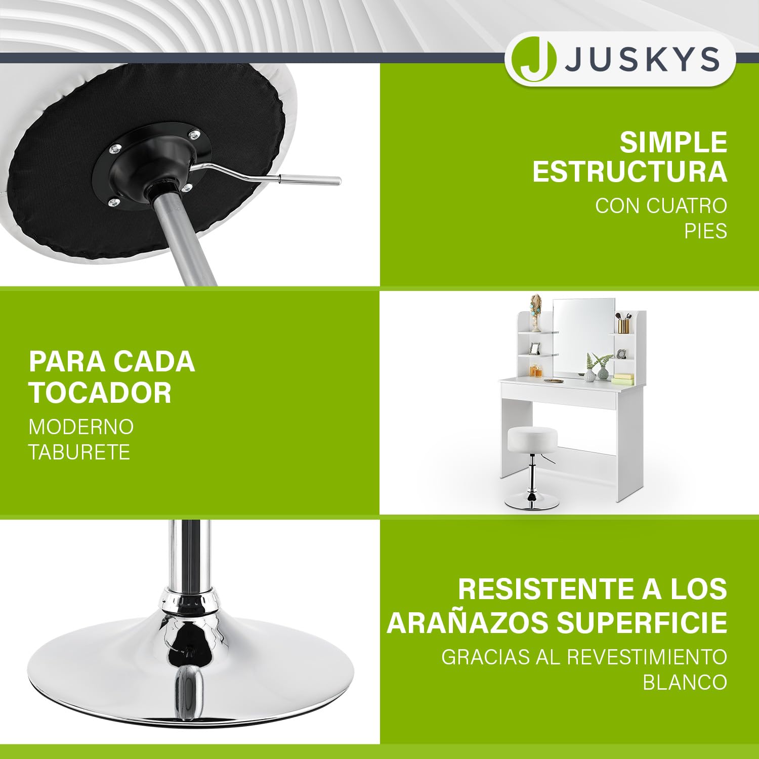 Juskys Taburete Tonia para tocador – Asiento Redondo de 33 cm, Altura Regulable 52–65 cm – Diseño ergonómico Acolchado con Funda de Polipiel Blanca