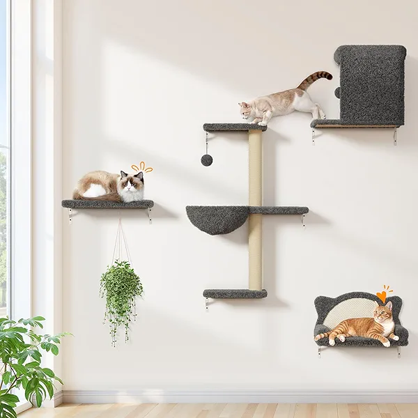 PLEKER Cat Wall Shelves 5-in-1 Modern Climbing Wall Furniture Set for Cats with Scratching Posts, Cat Bed & Sofa, Space-Saving Perch for 16" Drywall, Gray