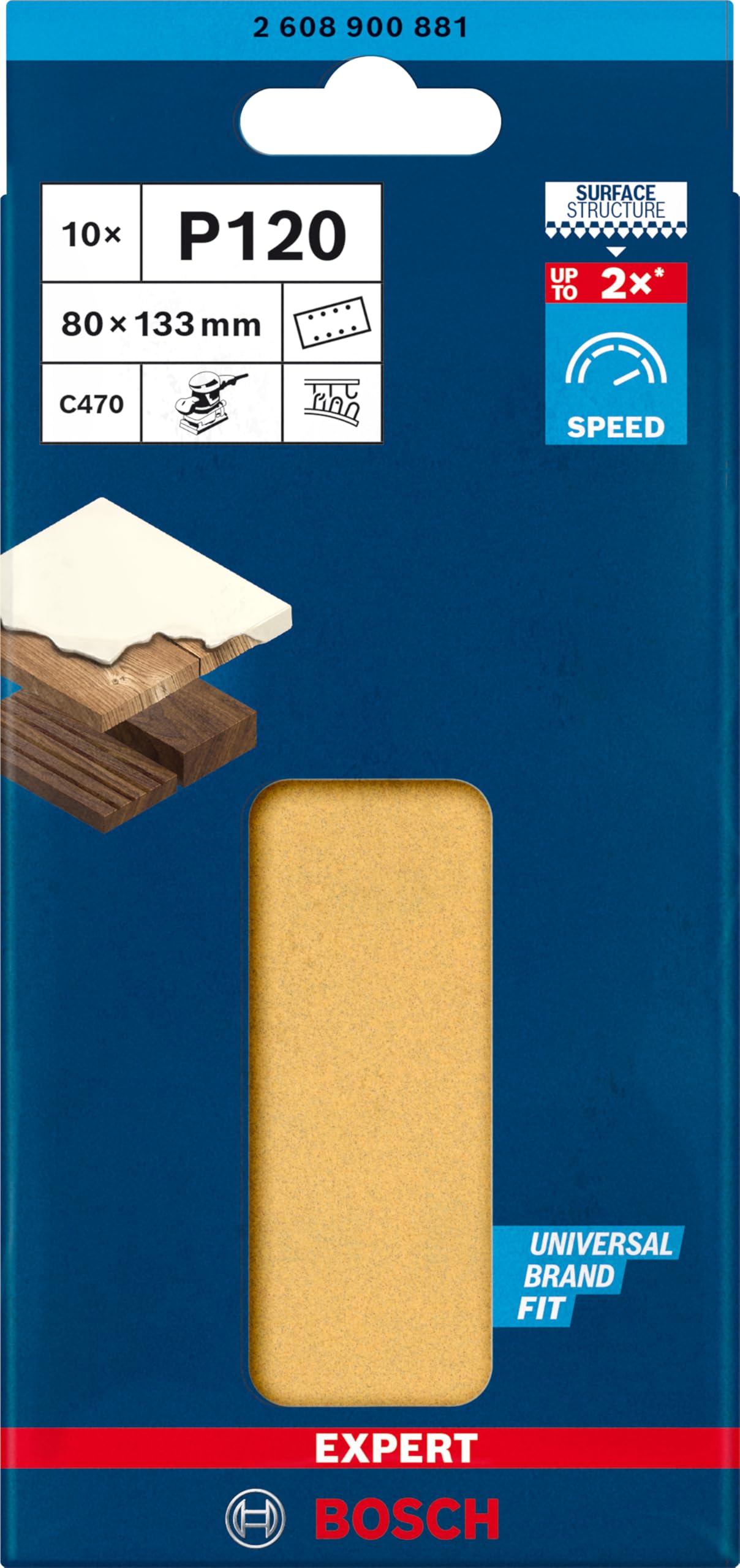 Bosch Professional 10x Carte abrasive Expert C470 con 8 fori (per Legno duro, Vernice su legno, 80x133 mm, Grana 120, accessorio Levigatrice orbitale)