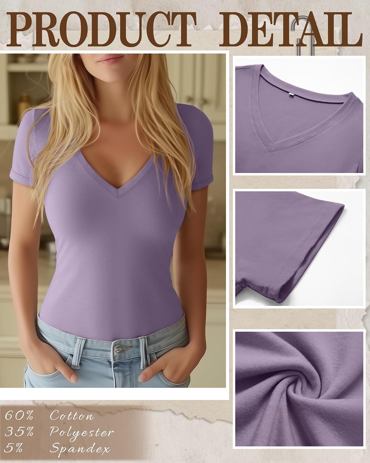 Huukeay 3 Pack Women's Deep V Neck Shirts Short Sleeve Slim Fitted Tops Basic Casual Tee Summer Going Out Tight T-Shirts