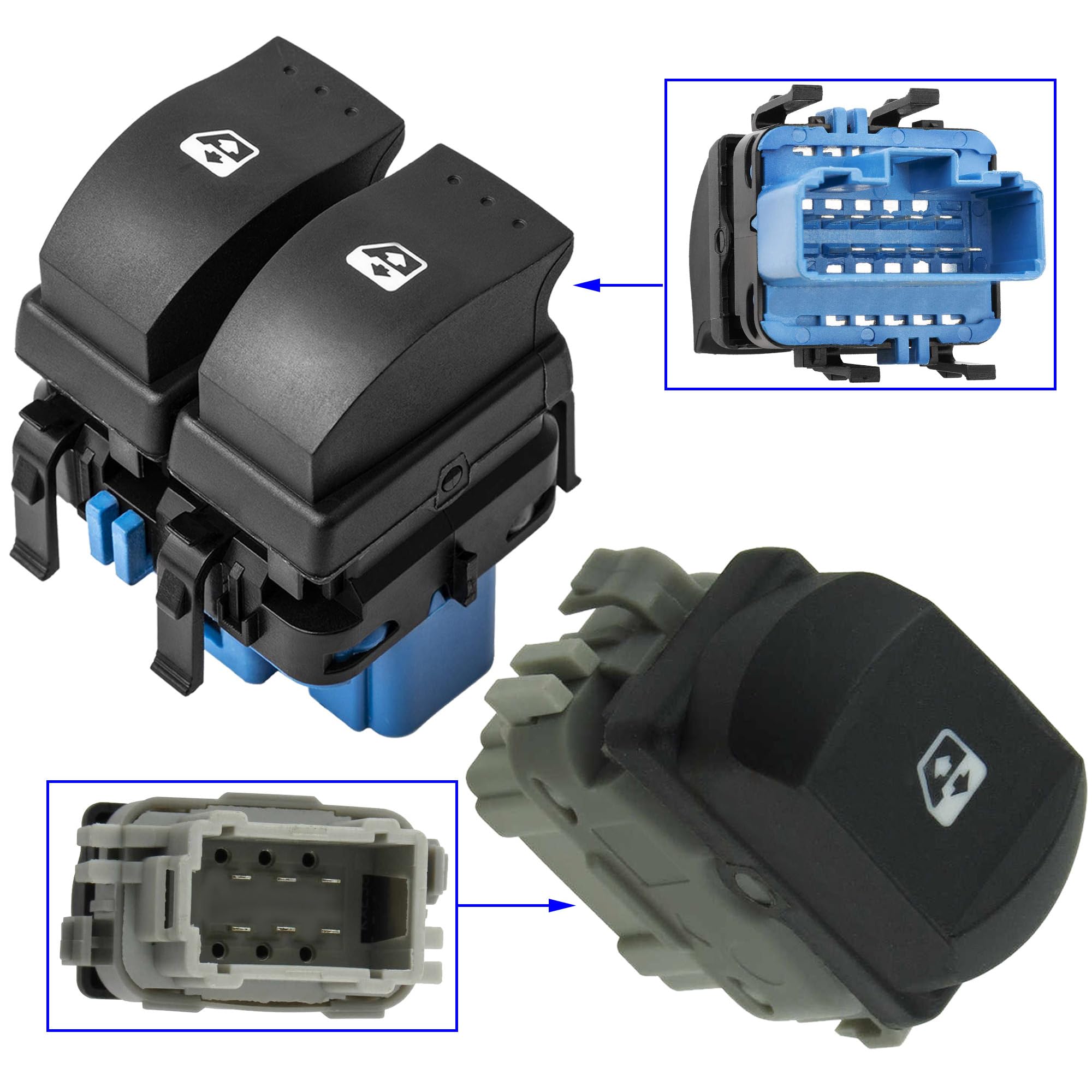 Partsline Double Bouton de Lève-Vitre Avant Gauche avec Bouton de Lève-Vitre Avant Droit compatible avec Mégane 2, Scénic 2 - Équivalent à 8200107772 8200315013
