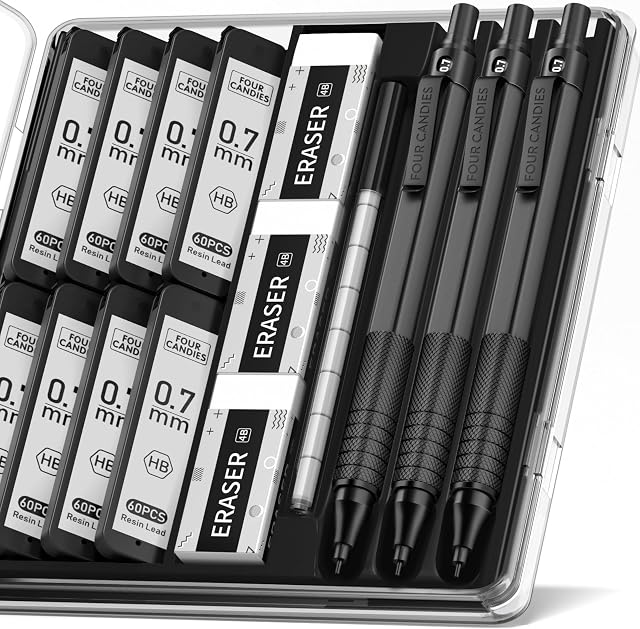 Four Candies 0.7mm Ensemble de crayons mécaniques avec boîtier, 3PCS Crayon de plomb d'artiste en métal avec 8 Tubes (480PCS) HB Recharges au plomb, 3 Des effacements, 9 Recharges d'effacement pour l'ingénieur Écriture d'art Dessin de dessin, noir