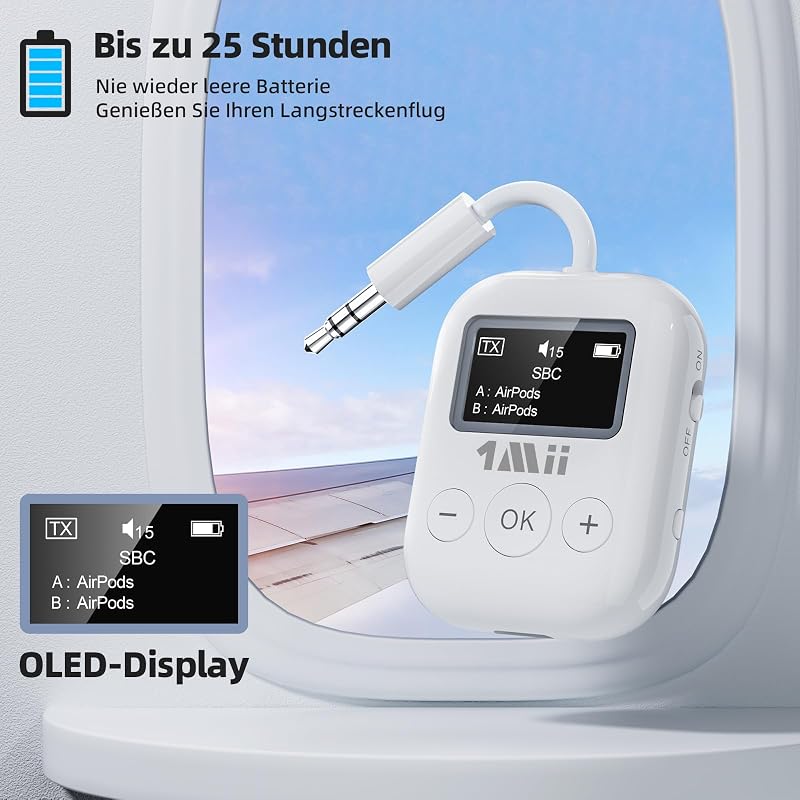 1Mii SafeFly Min Bluetooth 5.3 Adó Fejhallgatókhoz - Kettős Csatlakozás, OLED Kijelző, 25 Órás Üzemidő, AptX Alacsony Késleltetés, Repülőgép