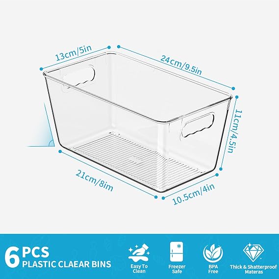 6 Pack Clear Fridge Storage Bins Organiser 24x13.5x11cm Small