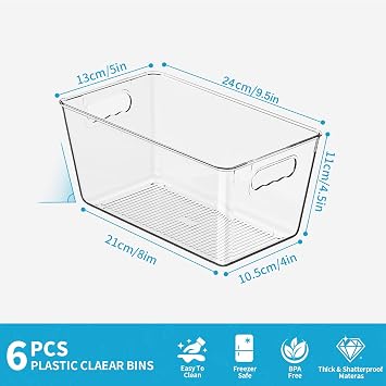 6 Pack Clear Fridge Storage Bins Organiser 24x13.5x11cm Small