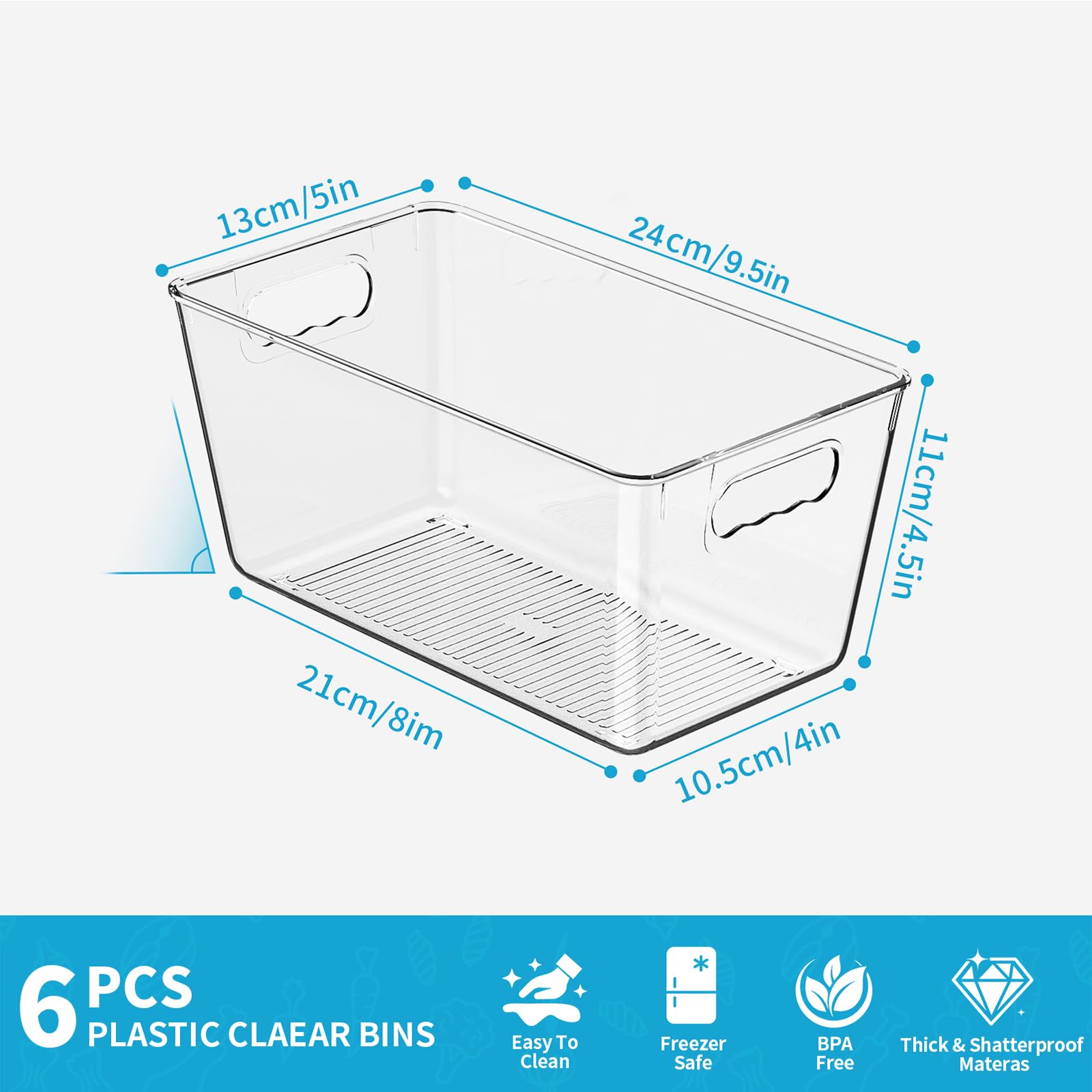 Contenitori trasparenti per dispensa, confezione da 6 organizer per frigorifero, scatola portaoggetti con maniglie, contenitori in plastica per armadio, contenitori senza BPA, 24x13x11.5 cm