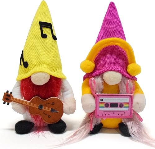 2 piezas de Rock Roll Gnomo Guitarra Cassette Disco Gnomos Adornos de felpa hechos a mano Sueco Tomte Doll Music Mr & Mrs Cinco de Mayo gnomos