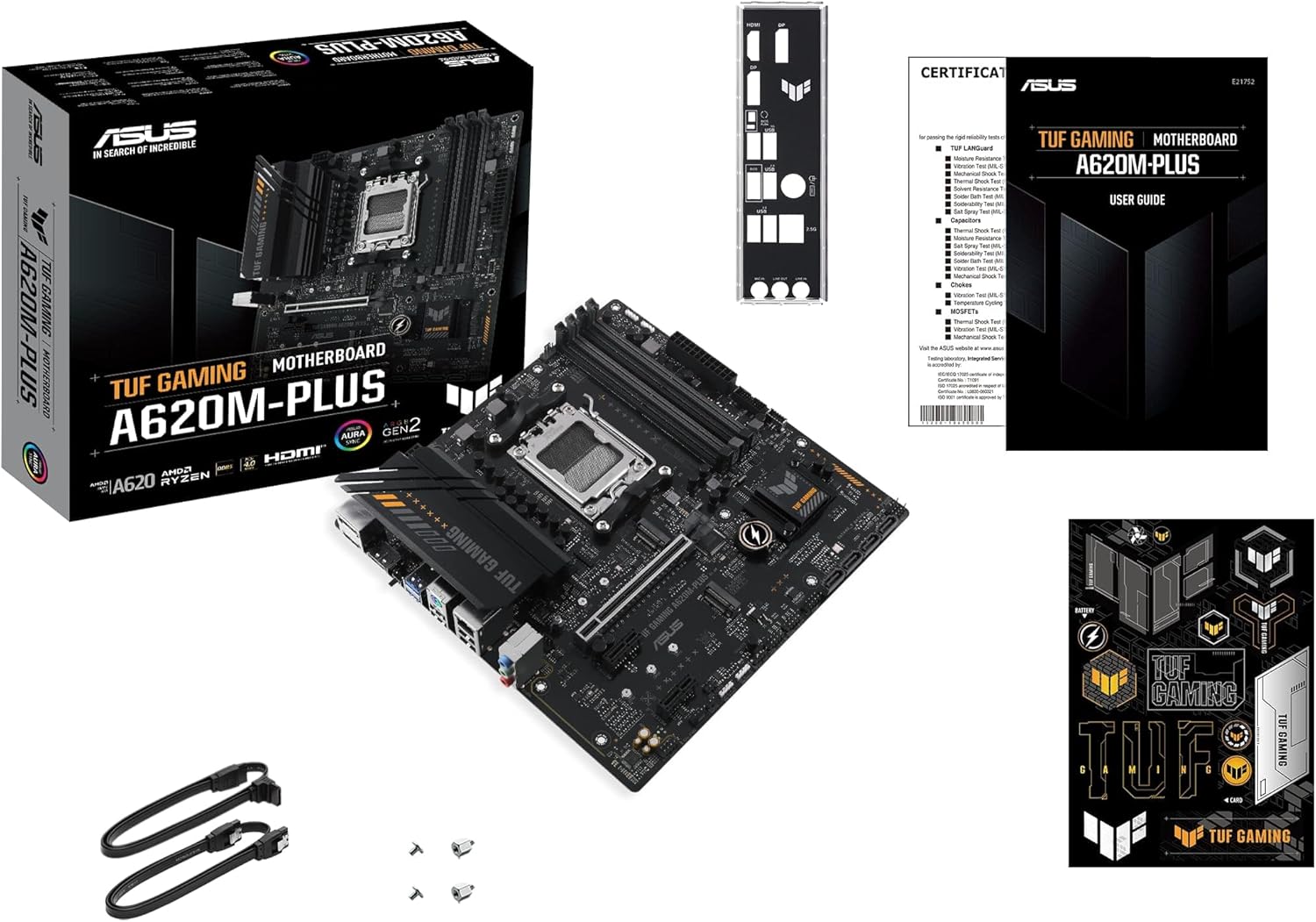 ASUS TUF GAMING A620M-PLUS Scheda madre AMD mATX, DDR5, 2 slot M.2 PCIe 4.0, Q-Latch, Ethernet Realtek 2.5Gb, 2 DisplayPort, HDMI, USB 3.2 Gen 1 Type-C, BIOS FlashBack, Cancellazione rumore, Aura Sync