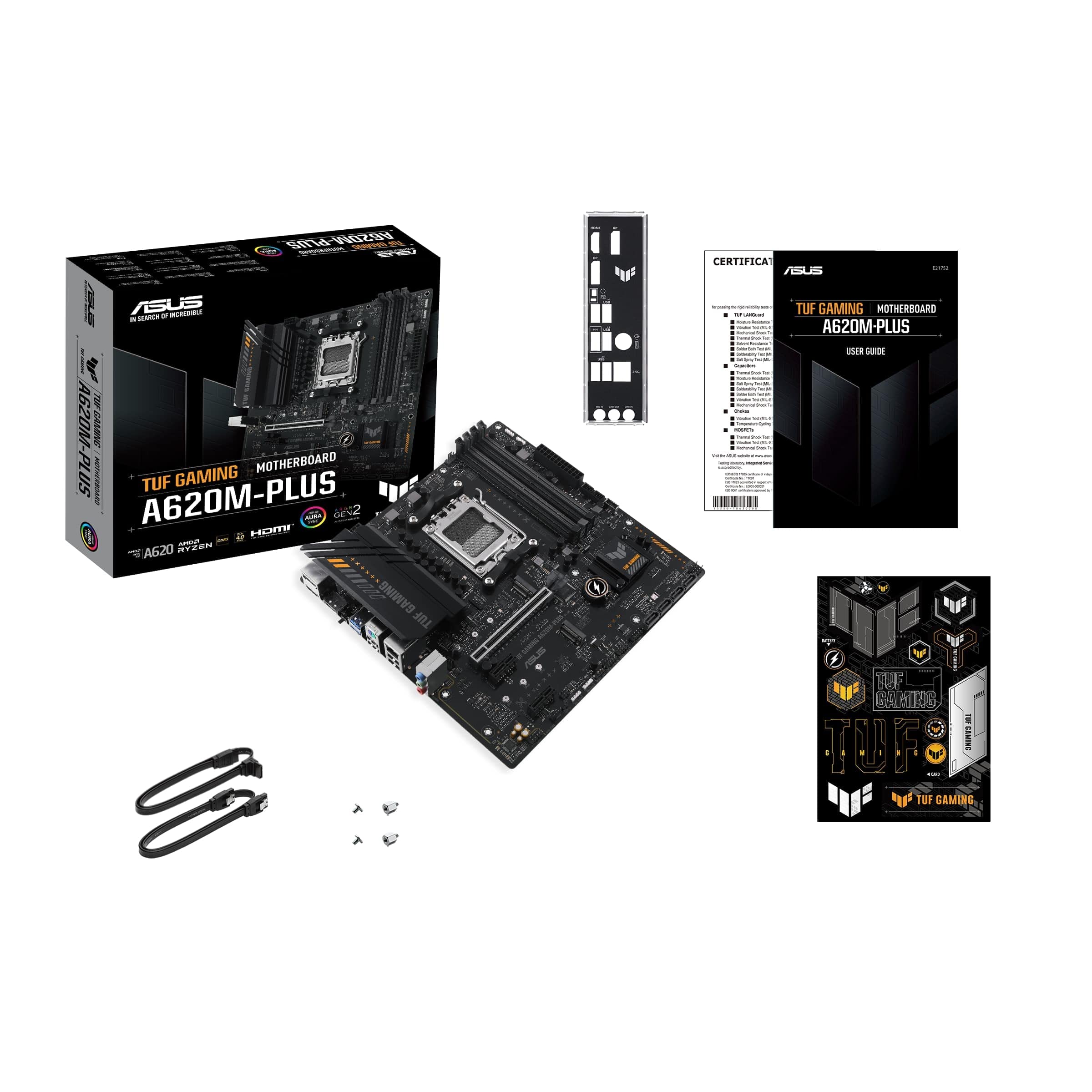 ASUS TUF GAMING A620M-PLUS Scheda madre AMD mATX, DDR5, 2 slot M.2 PCIe 4.0, Q-Latch, Ethernet Realtek 2.5Gb, 2 DisplayPort, HDMI, USB 3.2 Gen 1 Type-C, BIOS FlashBack, Cancellazione rumore, Aura Sync