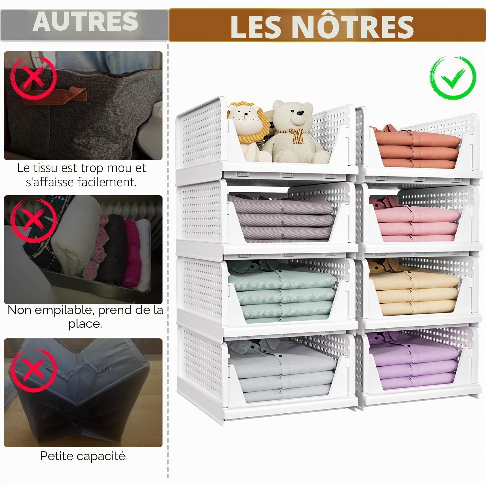 SNSLXH Lot de 8 boîtes de rangement empilables pour placard, multifonctionnelles et pliables pour salle de bain, cuisine, buanderie, armoire, rangement peu encombrant, blanc