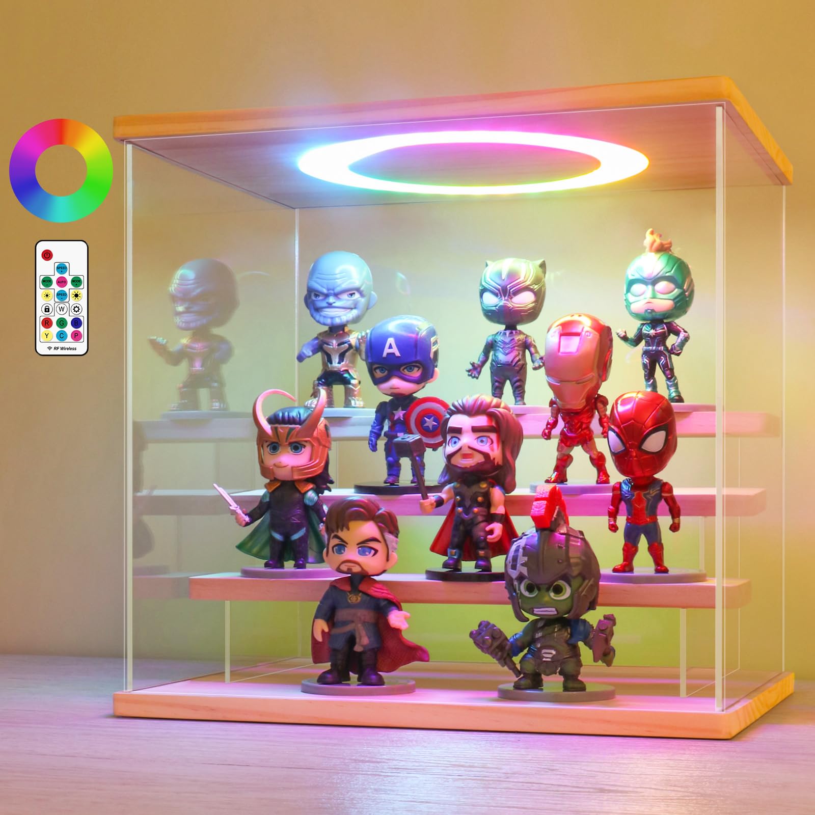 LANSCOERY Acrylic Display Case with Color Changing LED Light, Clear 4 Tier Organization, Dustproof Wooden Display Box, Exclusive Showcase for Collectibles, Mini Figures and Funko Pop, 11.8x8.9x11inch