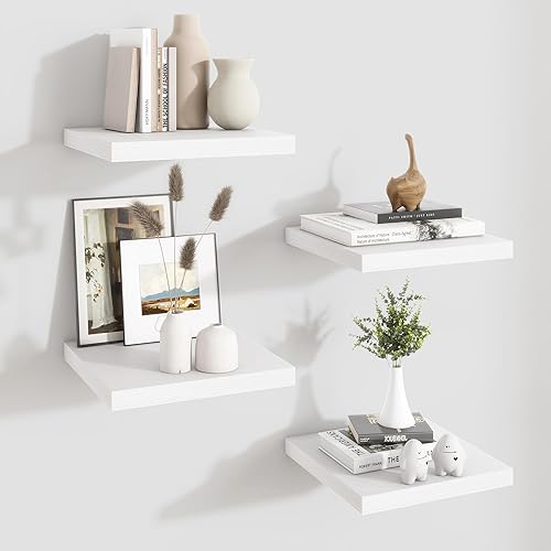 Miniatura 48 de Fun Memories Estantes flotantes de 16 pulgadas – Estantes de pared de madera de color blanco rústico profundo – Estante de almacenamiento para pared