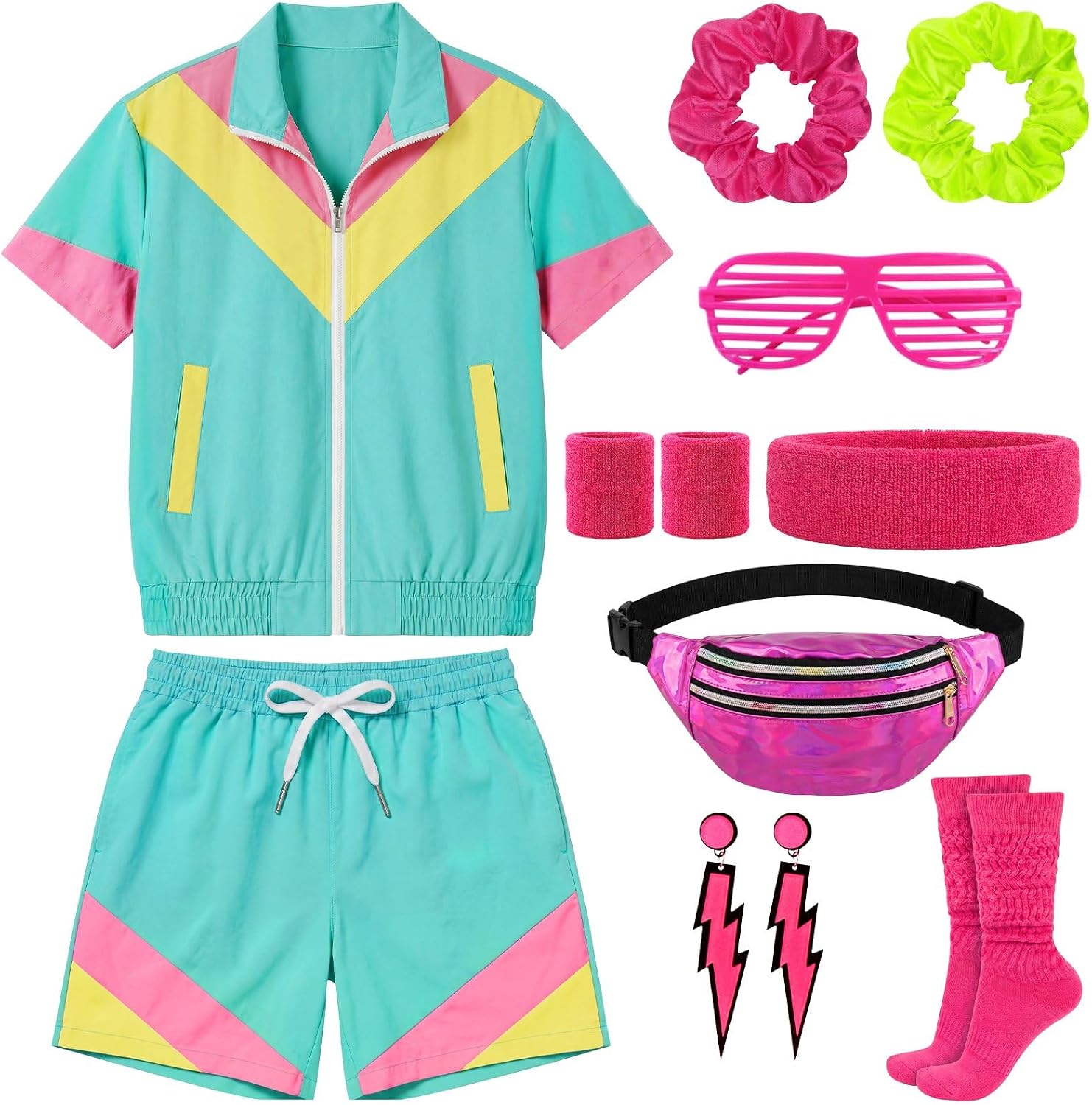 WILDPARTY 80s Outfit for Women Retro Workout Costume Neon Color Block Track Suit Shorts Set with Accessories for Theme Party