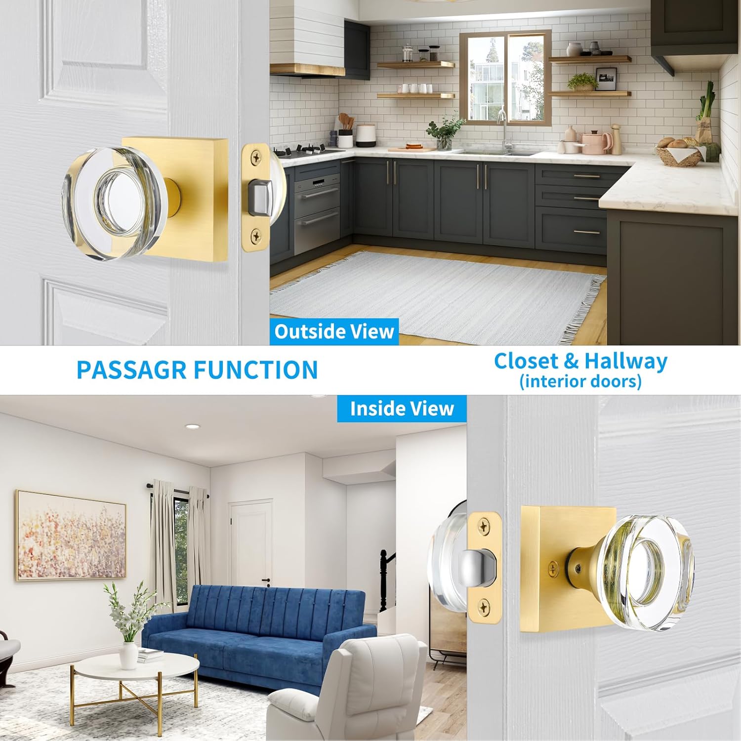 Glass Crystal Door Knob - Square Satin Brass Passage Handle for Interior, Closet, Hallway - Modern Brushed Gold