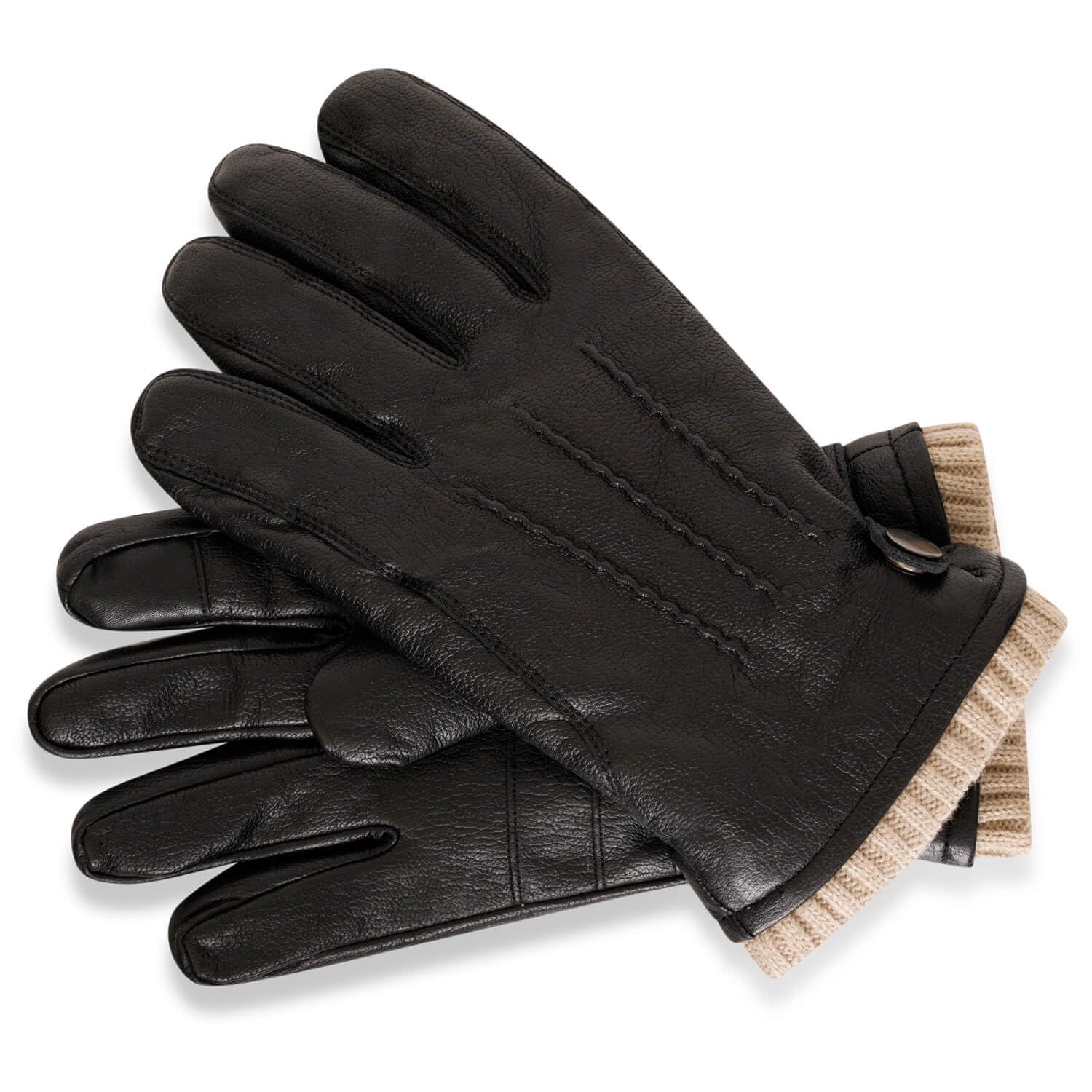 BARNEYS Men's Real Leather Gloves | Genuine Sheep Nappa | Touchscreen Compatible (Knitted Cuff Gloves, Black, L/XL)