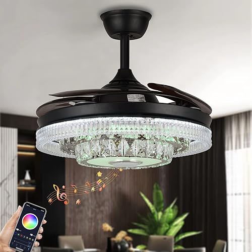 Fandian Ventilador de techo inteligente moderno de 42 pulgadas con luces de control remoto, candelabro de cristal retráctil de inversa negra con