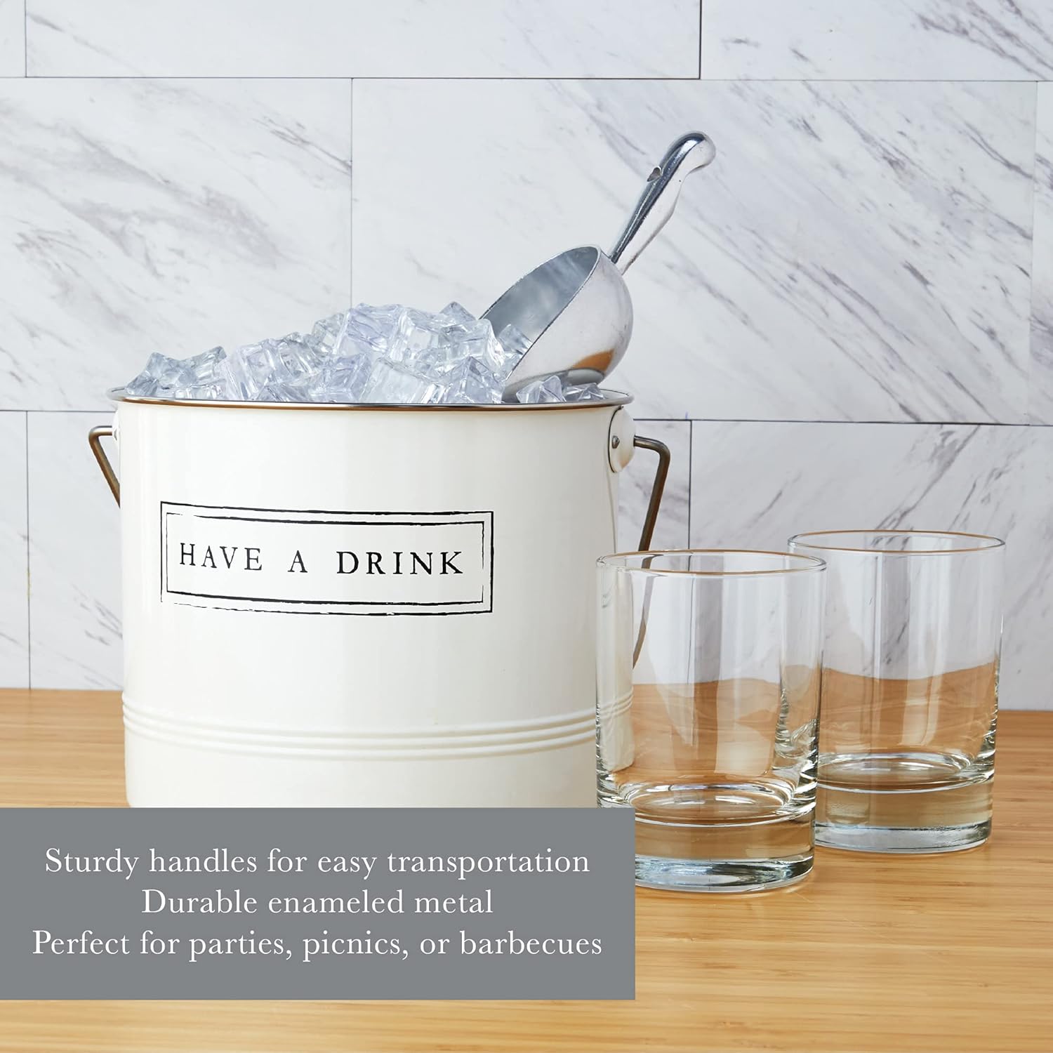 Twine Have A Drink White Enameled Metal Ice Bucket & Scoop for Parties - Wine Bottle And Beer Bottle Bucket in 1 Gallon
