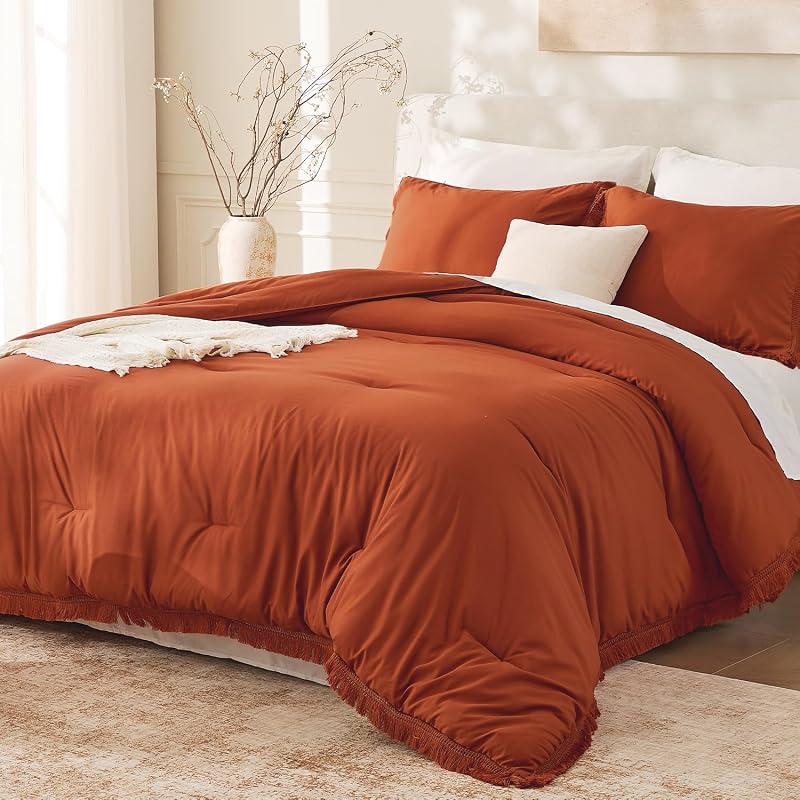 Comforter California King Burnt Orange, 3 Pieces Boho Bedding | Lightweight Comforter Sets, All Season Tassel Bed Set (1 Comforter 104x96 & 2 Pillowcases)