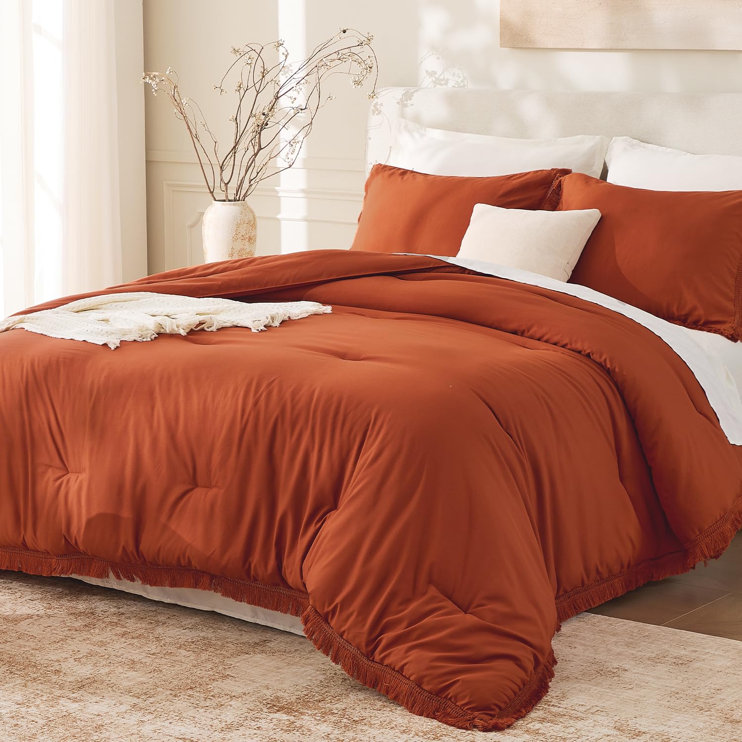 Andency Queen Comforter Set Burnt Orange, 3 Pieces Boho Terracotta Fall Tassel Lightweight Bedding Comforter Sets, All Season Rust Soft Bed Set (90x90In Comforter & 2 Pillowcases)