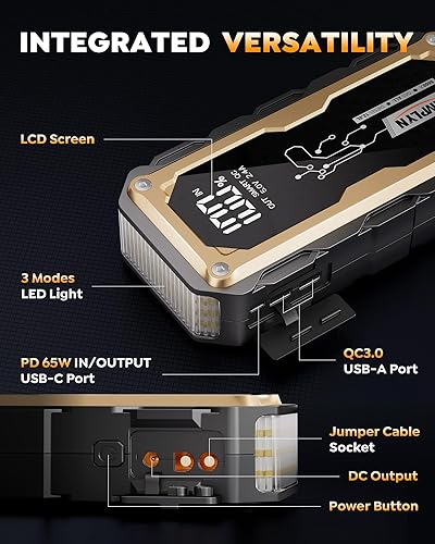 Miniatura 8 de Arrancador de coche con cargador rápido de 65 W, batería de 24000 mAh, batería de coche de 12 V, portátil, pantalla LED, impulsor de motor diesel de