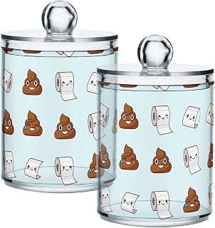 Joisal Cute Cartoon Poop Cotton Swab Holder Jars for Bathroom Counter | Cotton Round Holder for Small-space Households, Smooth PS Plastic, Knobbed Lift-off Lid, and Stated Jar Size; Pack Of 2