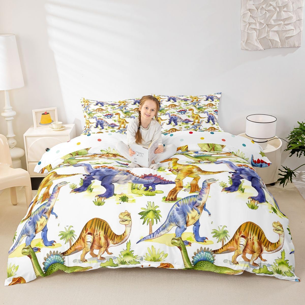 Dinosaur Comforter Cover Colourful Dinos Bedding Sets for Kids Girls Lovely Cute Animals Comforter Kawaii Cartoon Duvet Cover Child Room Decor with 1 Duvet Cover and 2 Pillow Cases Queen,Yellow