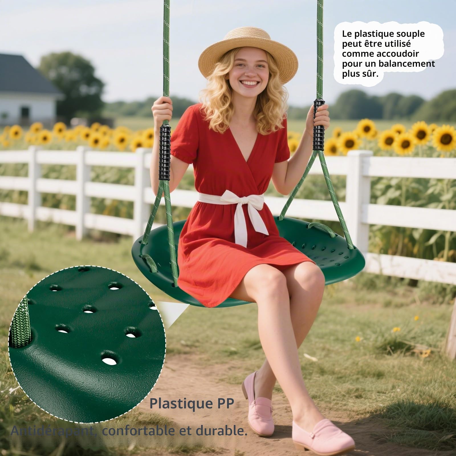 Balançoire d'extérieur en Plastique antidérapant pour Enfants/Adultes avec Corde réglable et Mousqueton, capacité de Charge de 250 kg, Accessoire de balançoire, Vert