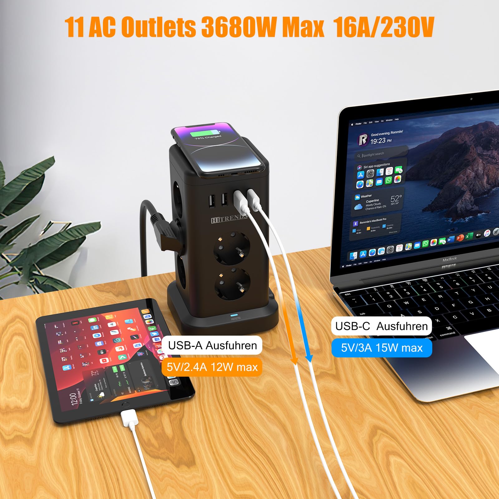 Listwa zasilająca, listwa zasilająca USB, wtyczka Schuko, czarna