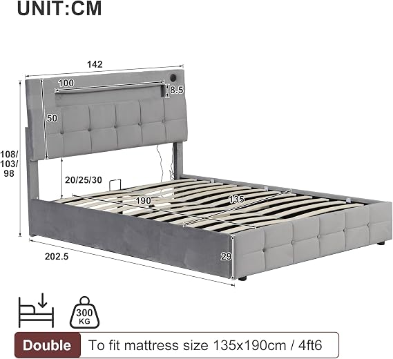 Jtyca Upholstered Double Bed Frame with Storage, Ottoman Bed with Adjustable Headboard and Hydraulic, Velvet Double Bed Frame with Charging-Station and LED-Light, Grey, 4FT6-135x190cm, (No Mattress)